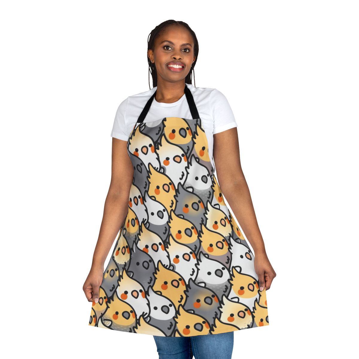A vibrant apron featuring a playful cockatiel pattern, perfect for bird lovers and party enthusiasts.