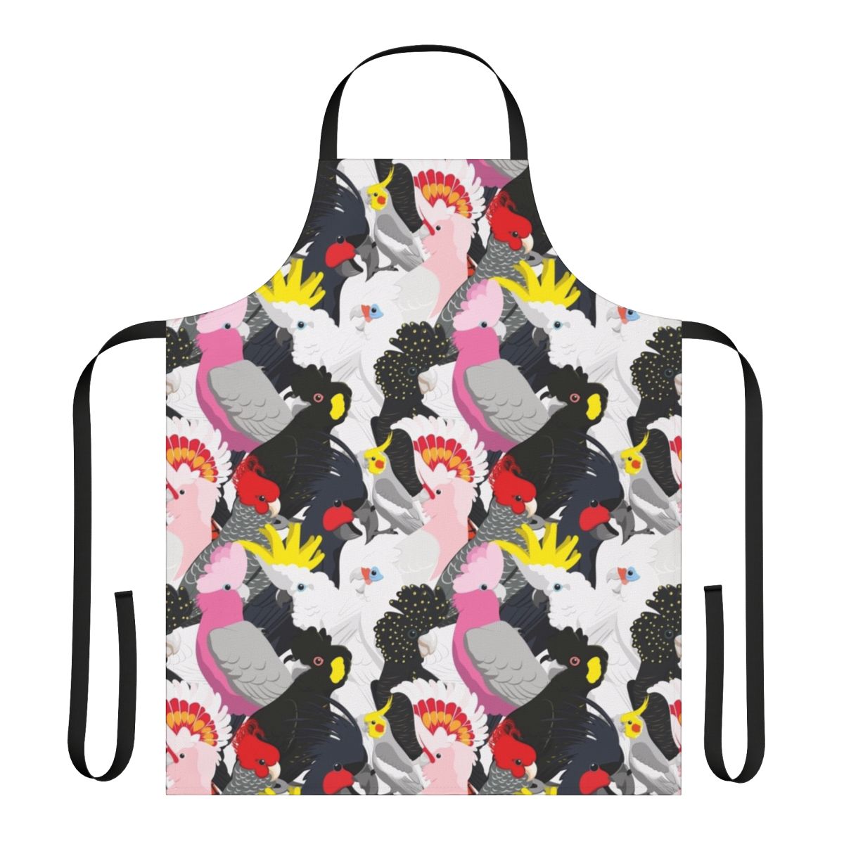 Vibrant cockatoo-patterned apron featuring a flock of playful parrots