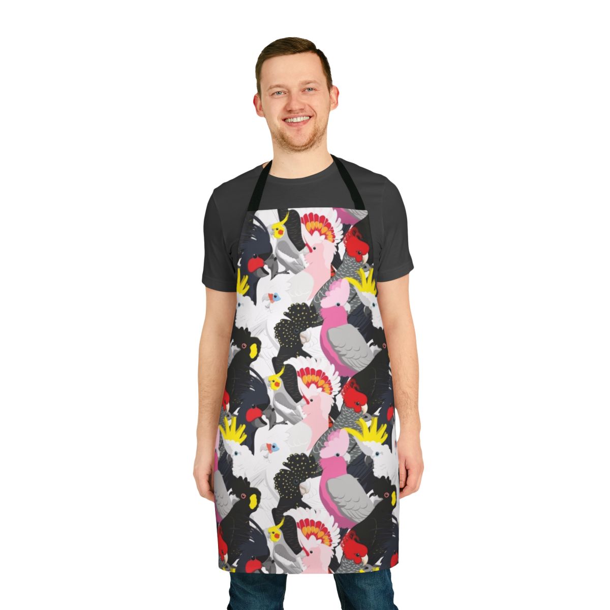 Vibrant cockatoo-patterned apron featuring a flock of playful parrots