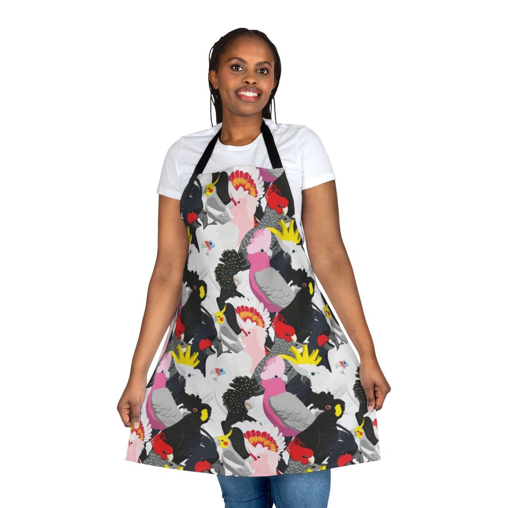 Vibrant cockatoo-patterned apron featuring a flock of playful parrots