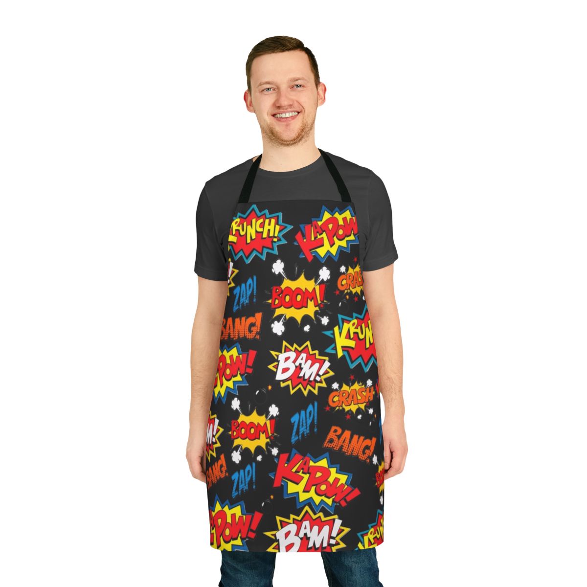 Vibrant apron featuring a comic book inspired explosion design.