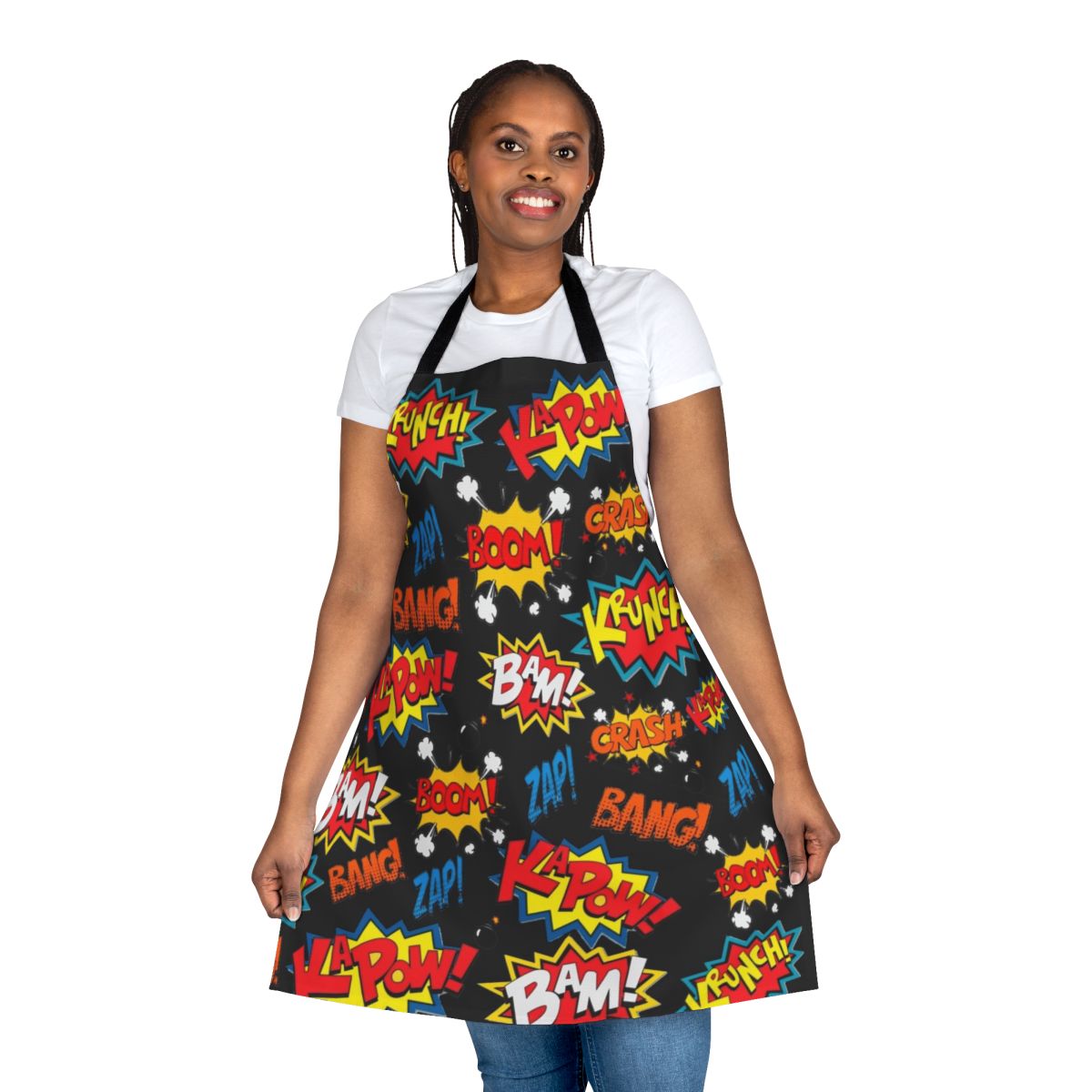 Vibrant apron featuring a comic book inspired explosion design.