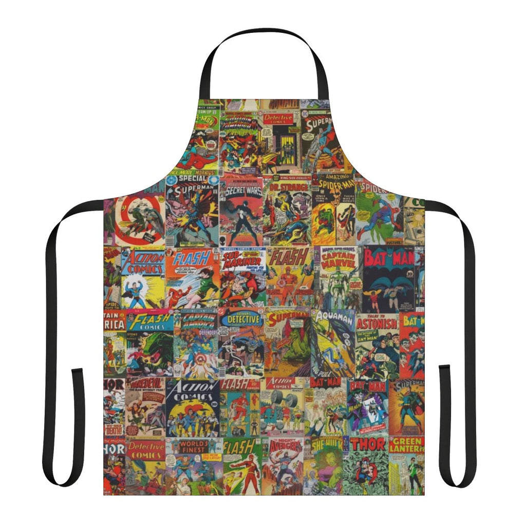 Vintage comic book pattern kitchen apron with superhero and cartoon design