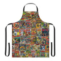 Vintage comic book pattern kitchen apron with superhero and cartoon design
