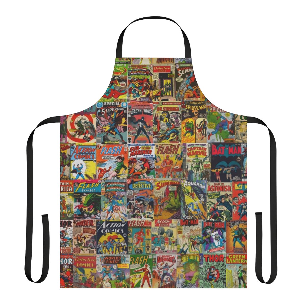 Vintage comic book pattern kitchen apron with superhero and cartoon design