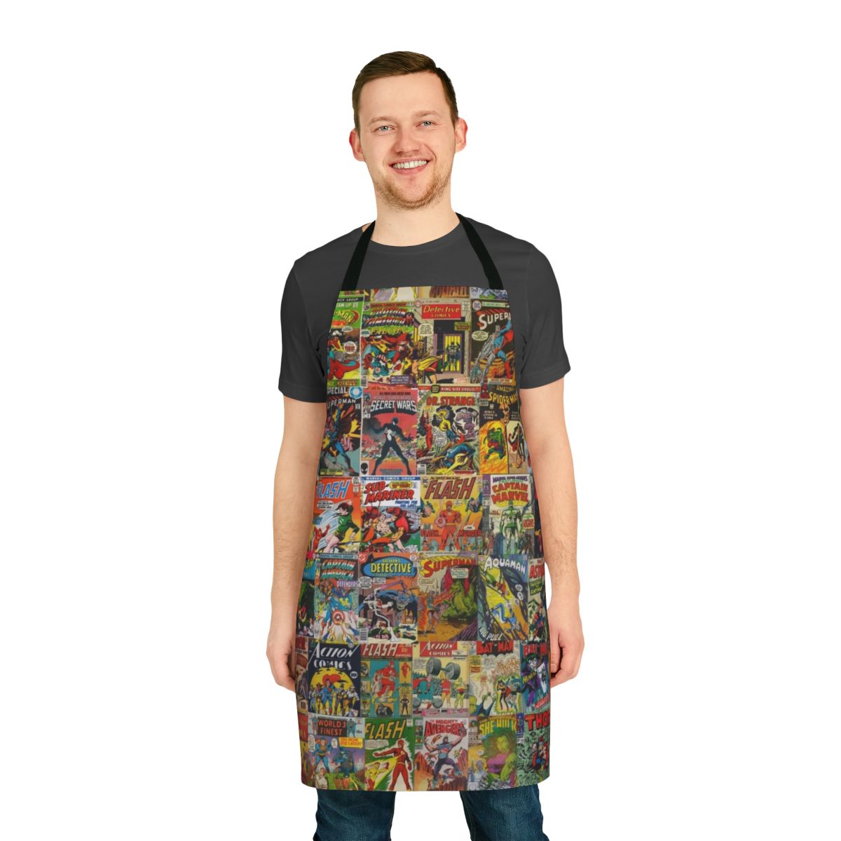 Vintage comic book pattern kitchen apron with superhero and cartoon design