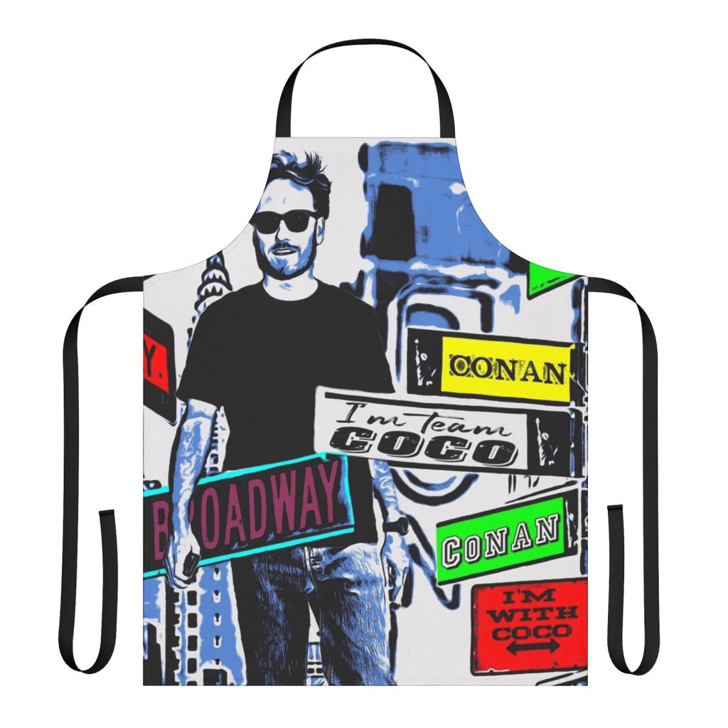 Vibrant watercolor portrait of Conan O'Brien on a high-quality apron