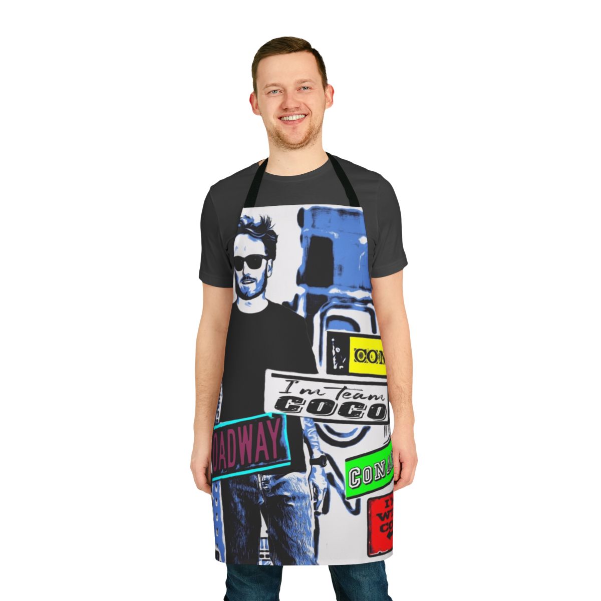 Vibrant watercolor portrait of Conan O'Brien on a high-quality apron