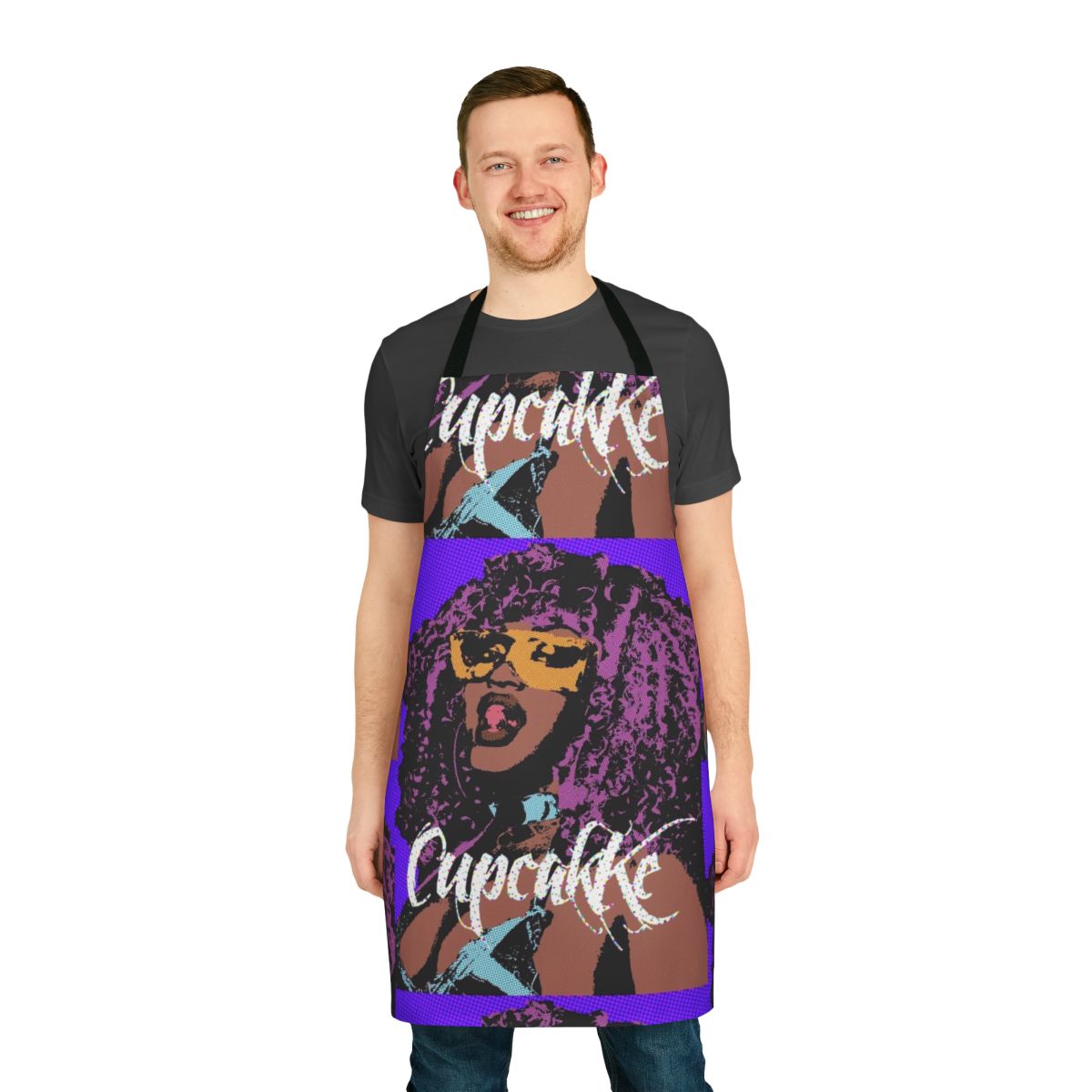 Vibrant pop art style apron featuring a cupcake design