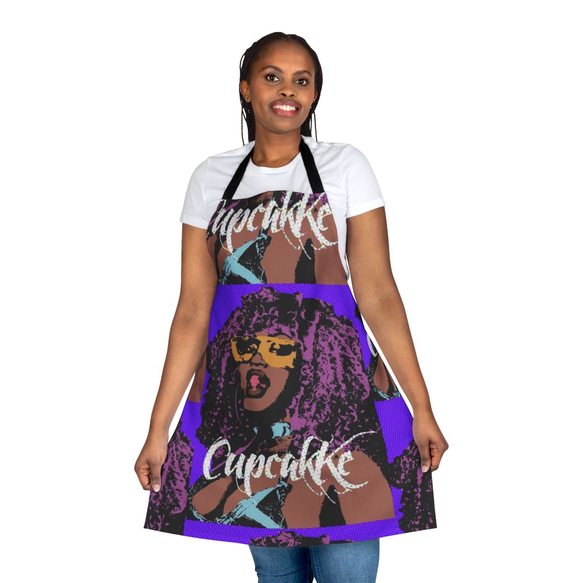 Vibrant pop art style apron featuring a cupcake design