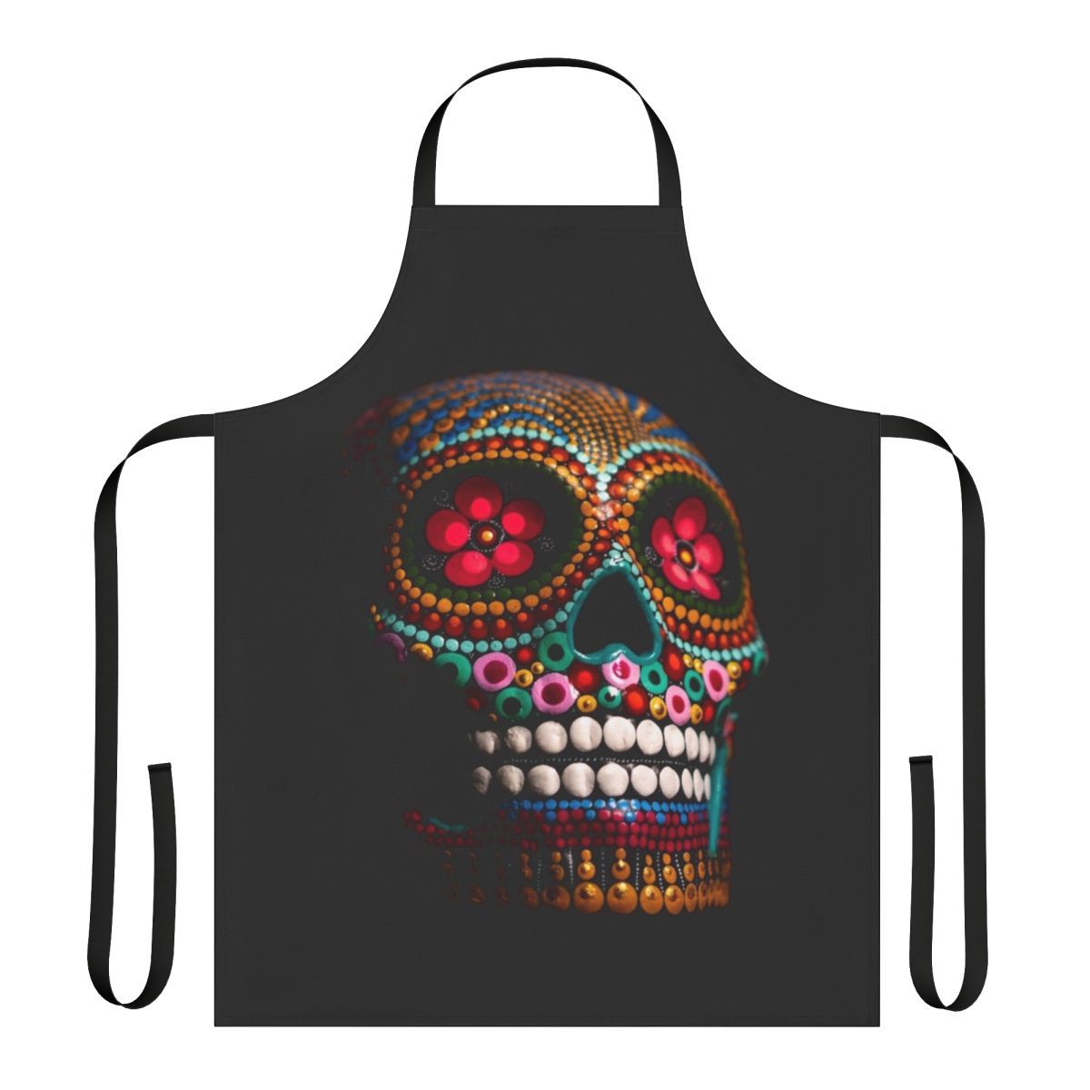 Vibrant multi-colored skull design apron for Day of the Dead or Halloween celebrations