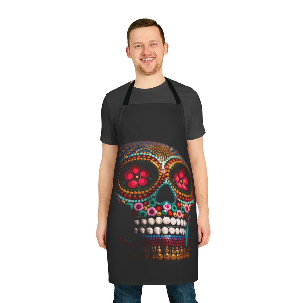 Vibrant multi-colored skull design apron for Day of the Dead or Halloween celebrations