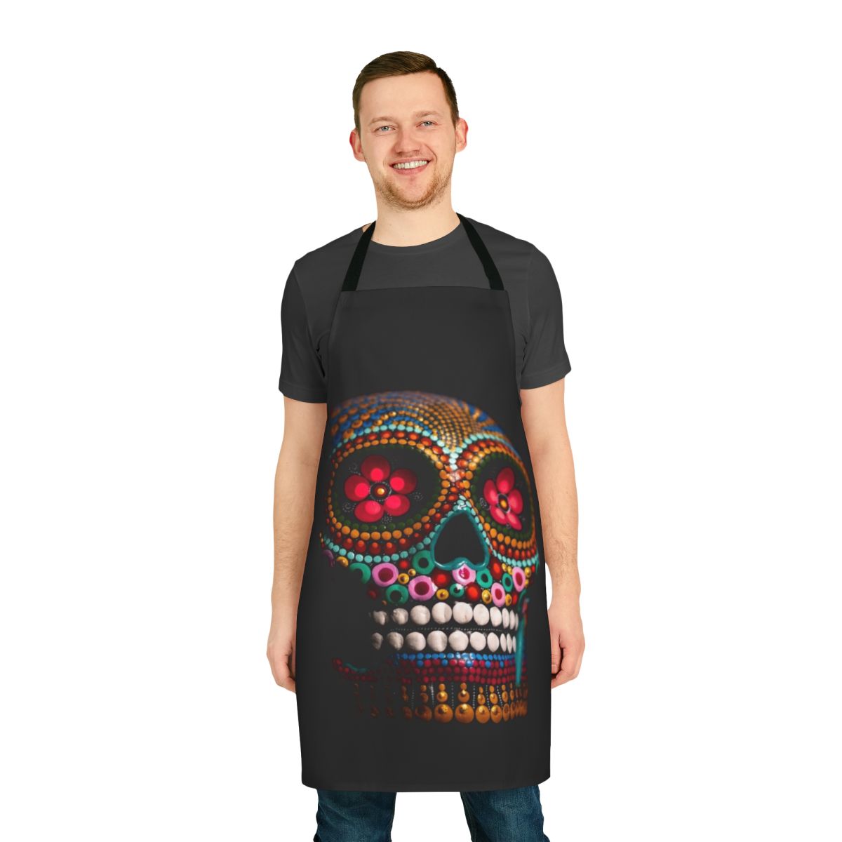 Vibrant multi-colored skull design apron for Day of the Dead or Halloween celebrations