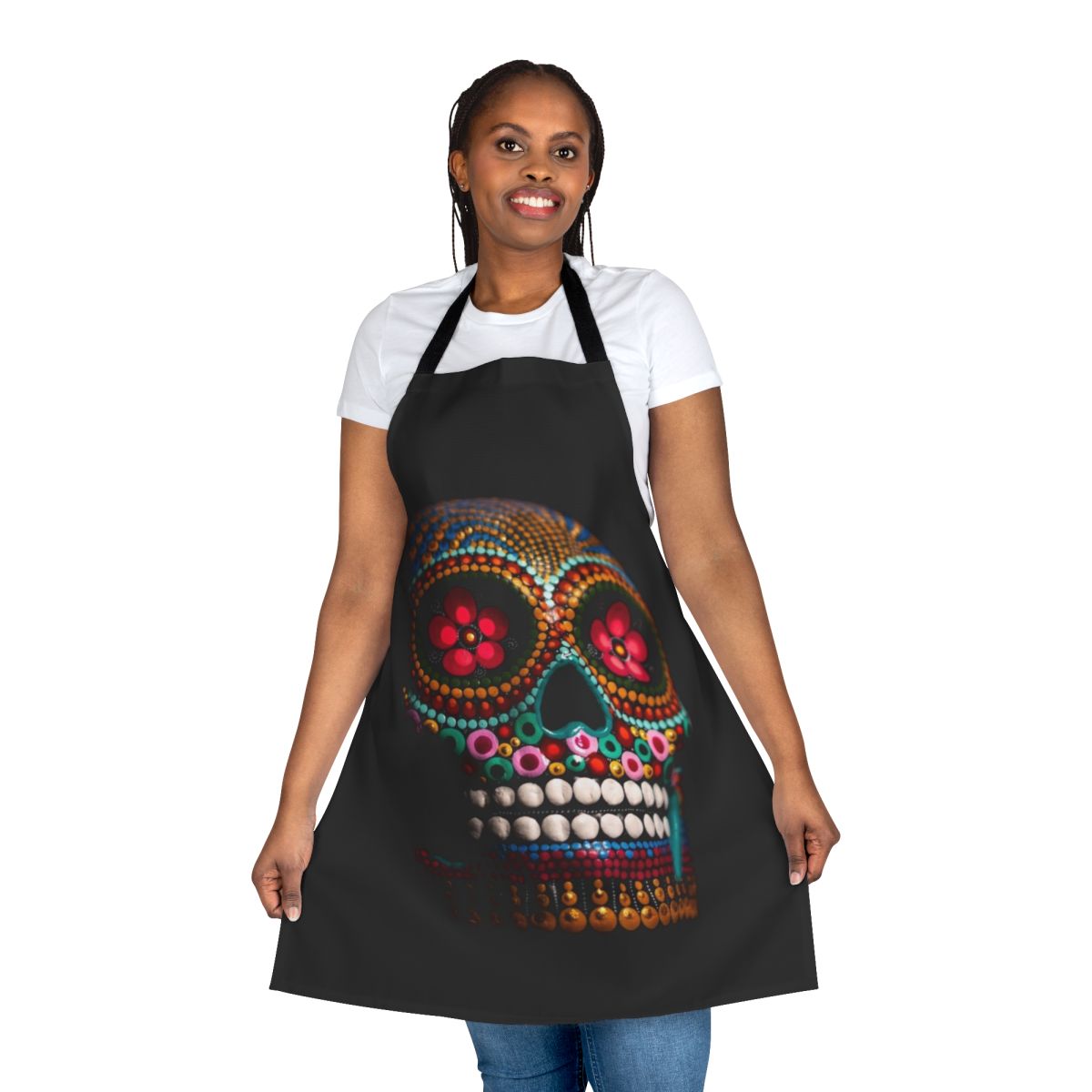 Vibrant multi-colored skull design apron for Day of the Dead or Halloween celebrations