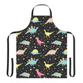 Vibrant dinosaur-themed apron with a variety of prehistoric creatures in a whimsical, rainbow-colored pattern