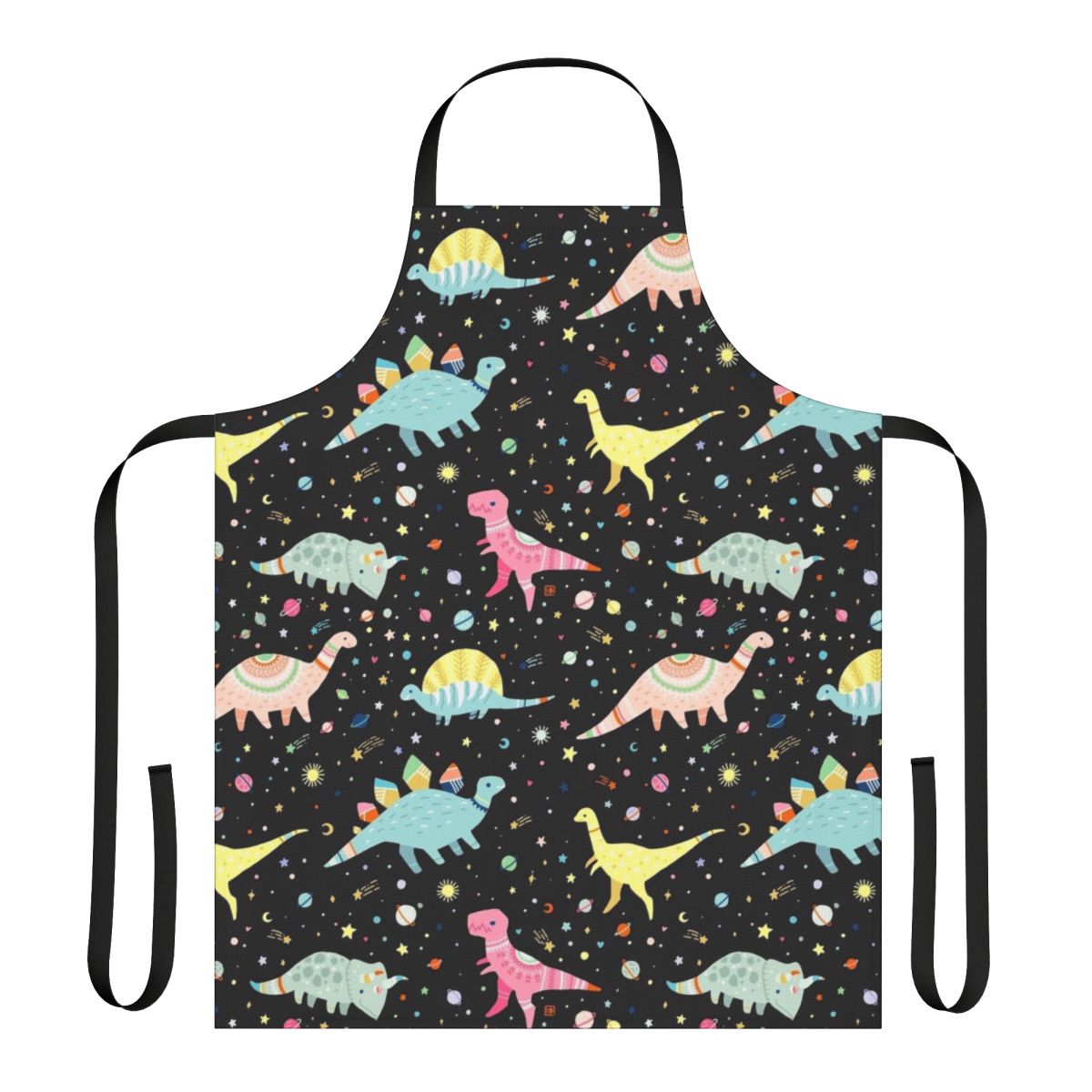 Vibrant dinosaur-themed apron with a variety of prehistoric creatures in a whimsical, rainbow-colored pattern