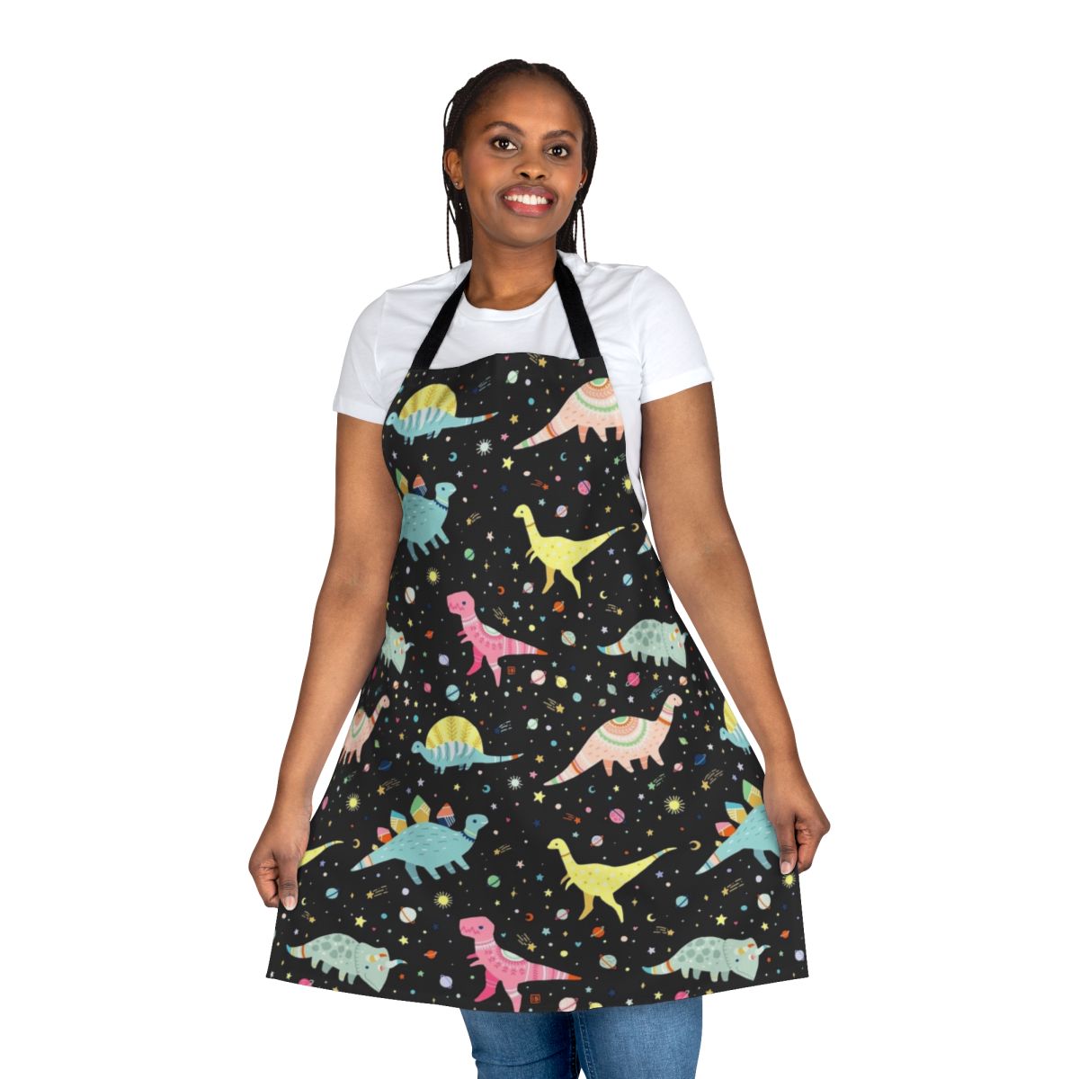 Vibrant dinosaur-themed apron with a variety of prehistoric creatures in a whimsical, rainbow-colored pattern