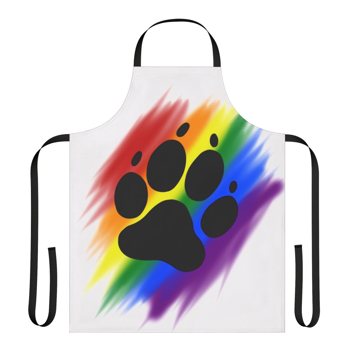 Vibrant rainbow-colored apron with a whimsical dog paw print design