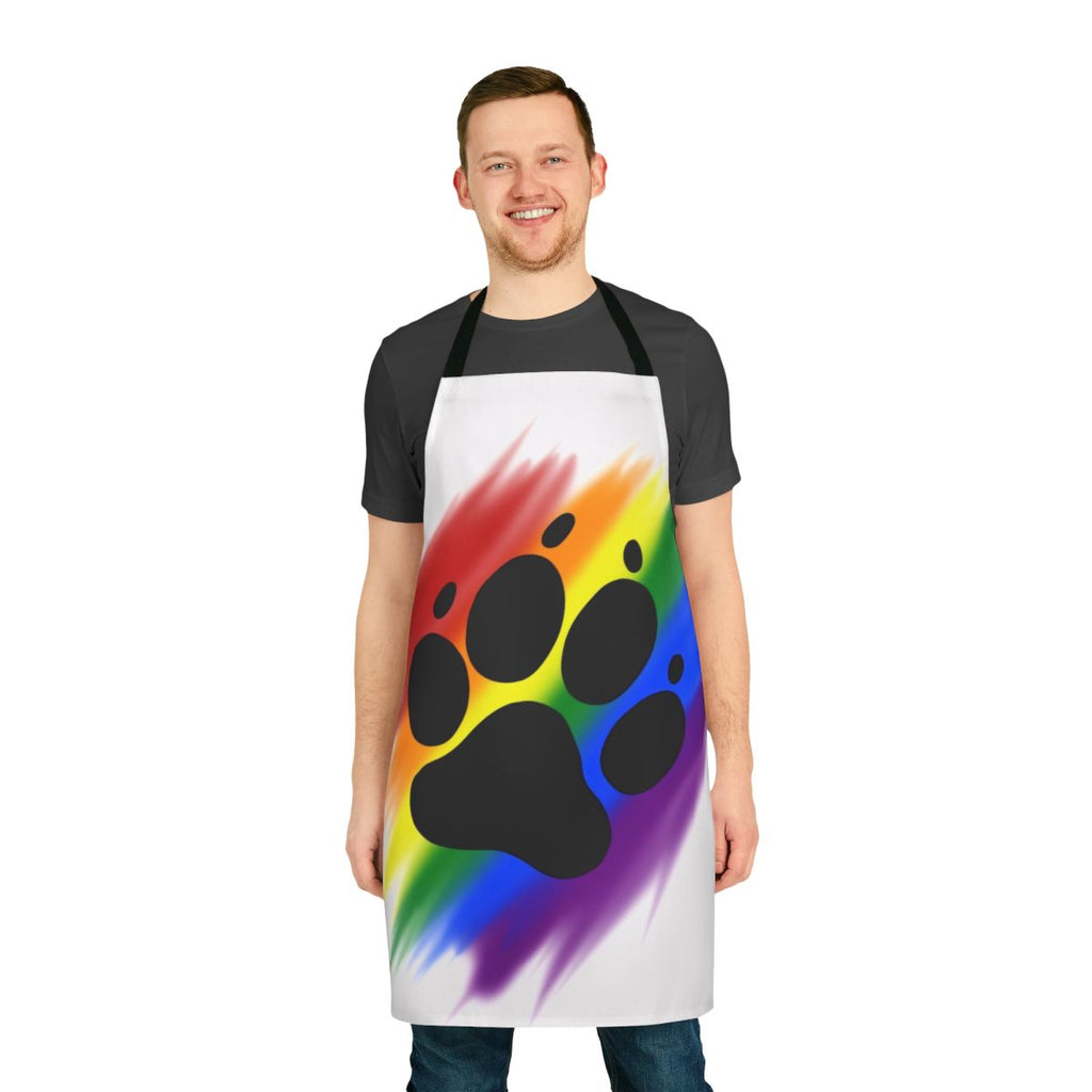 Vibrant rainbow-colored apron with a whimsical dog paw print design
