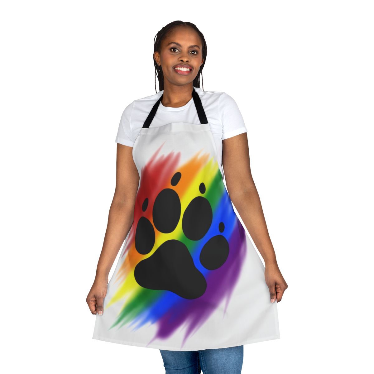 Vibrant rainbow-colored apron with a whimsical dog paw print design