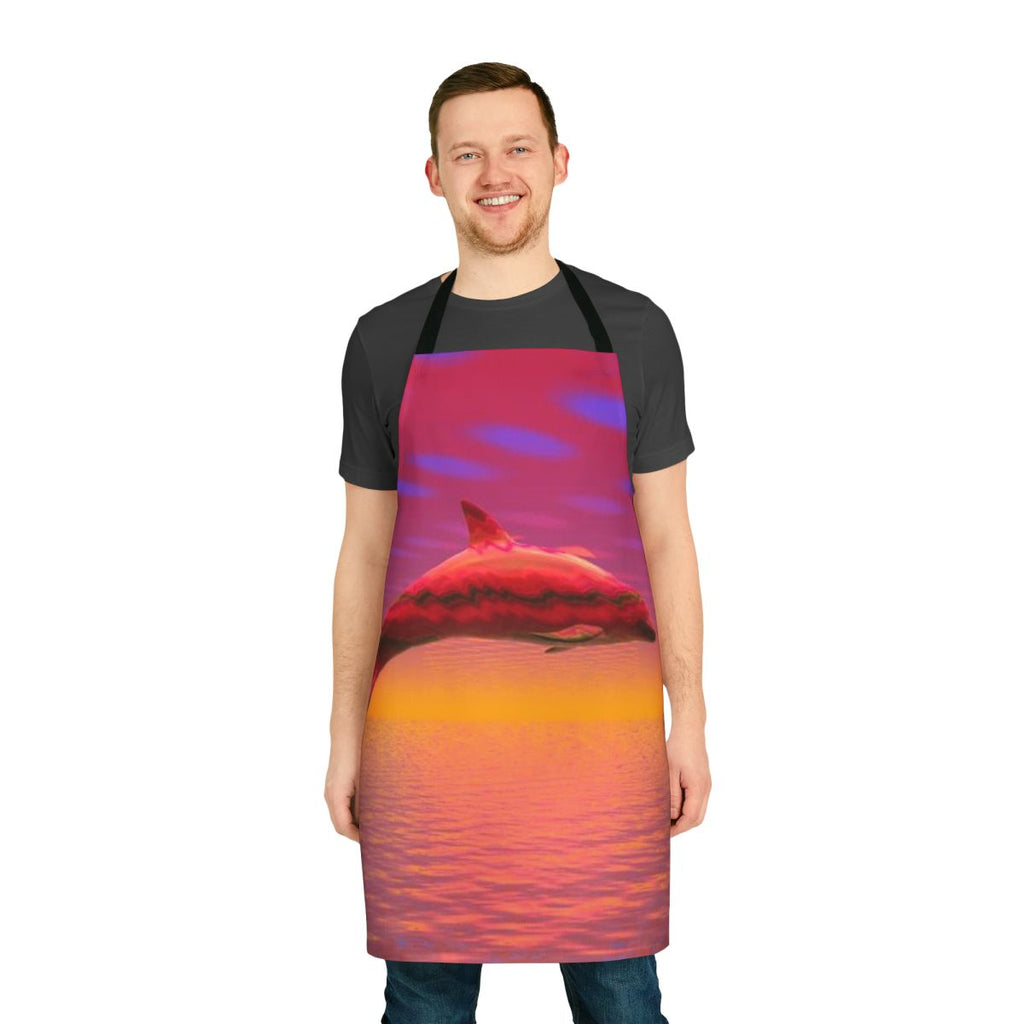 A colorful apron featuring a playful dolphin design, perfect for modern kitchen activities.