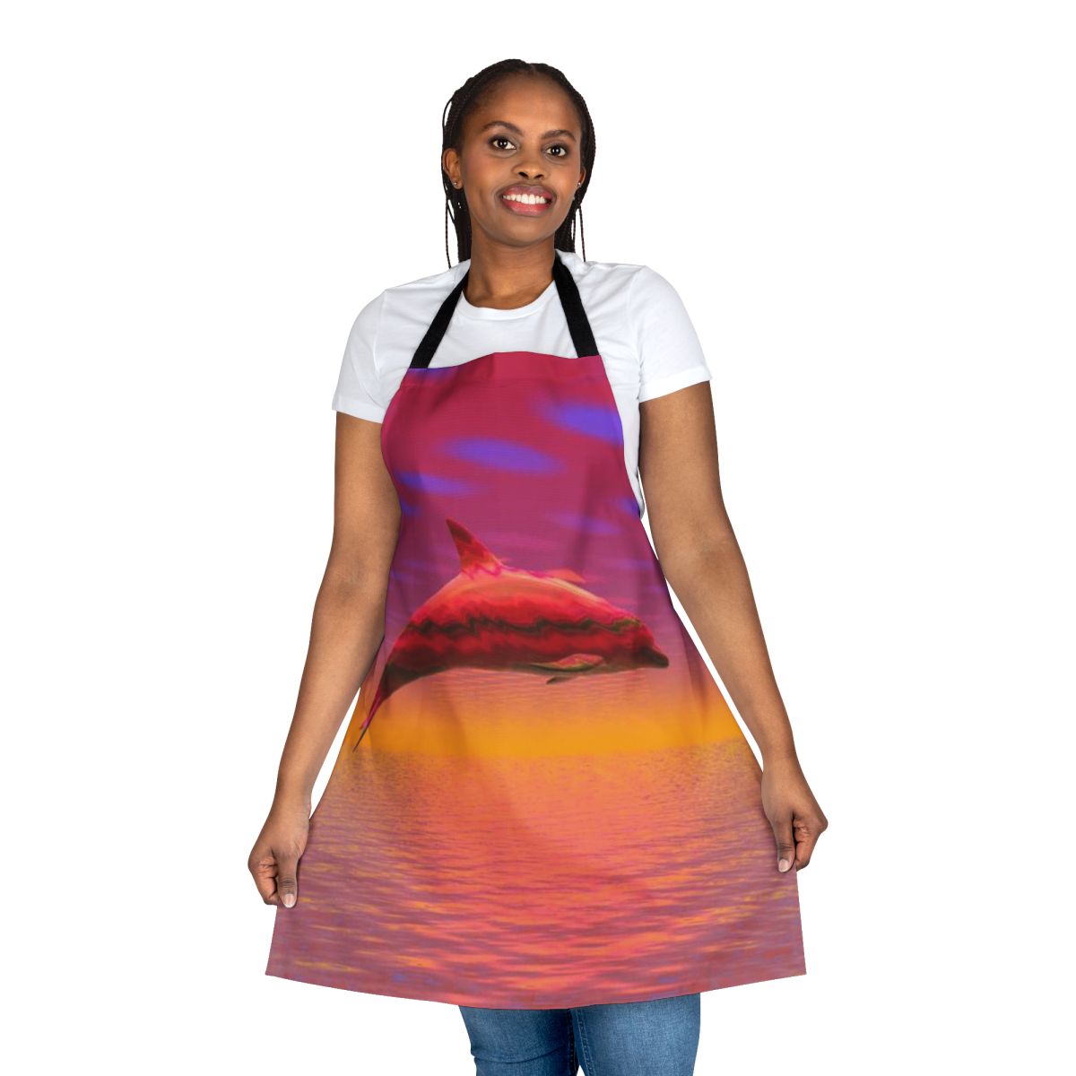 A colorful apron featuring a playful dolphin design, perfect for modern kitchen activities.
