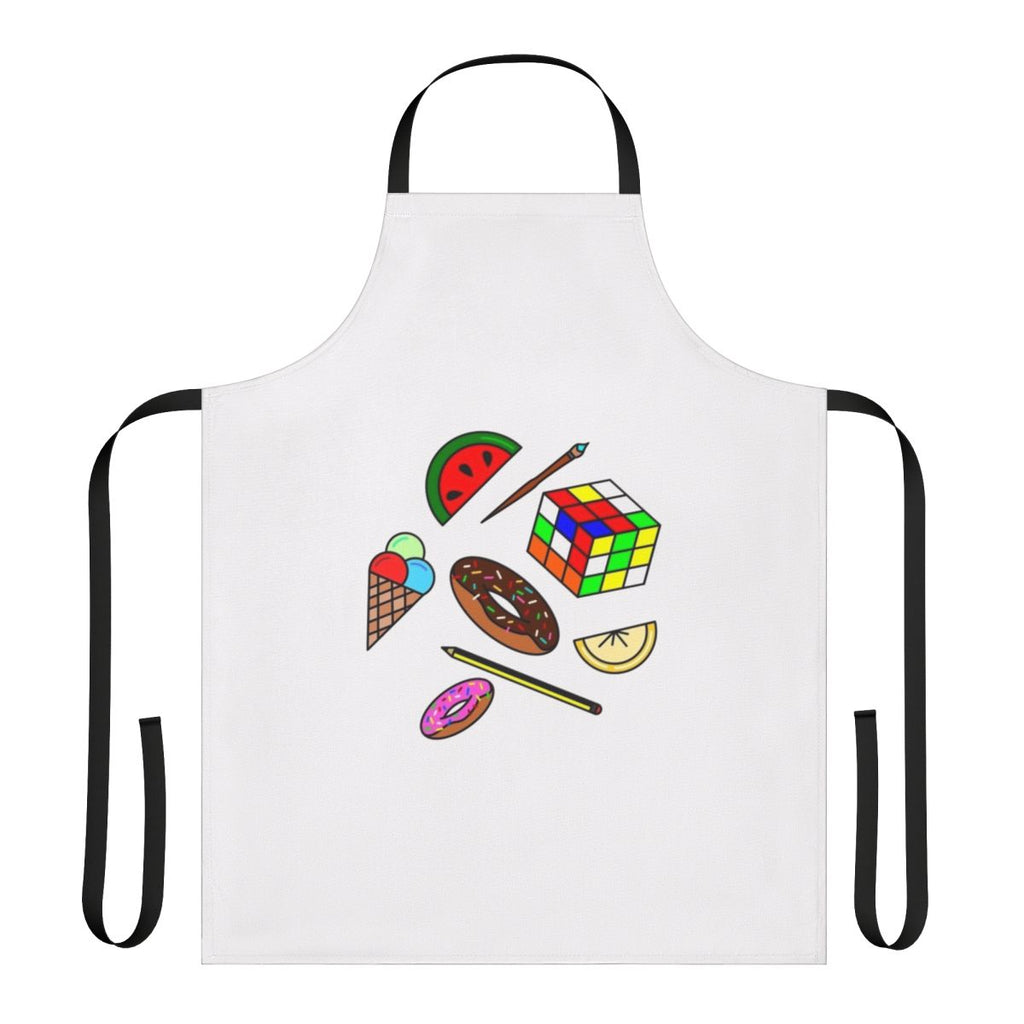 Colorful apron with doodle patterns, food, and hobby icons