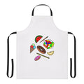Colorful apron with doodle patterns, food, and hobby icons