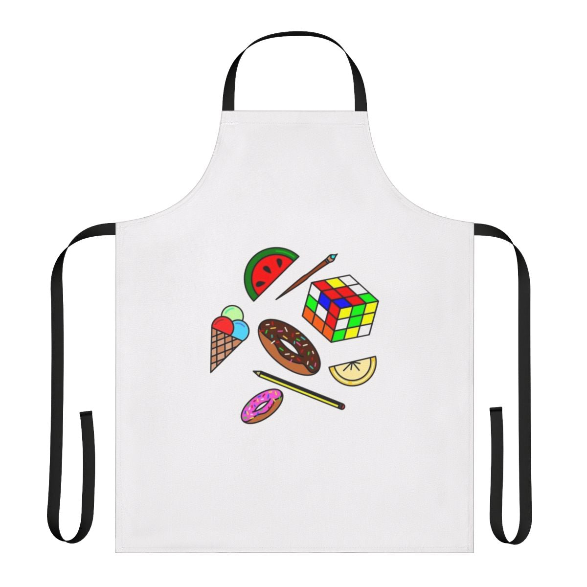 Colorful apron with doodle patterns, food, and hobby icons