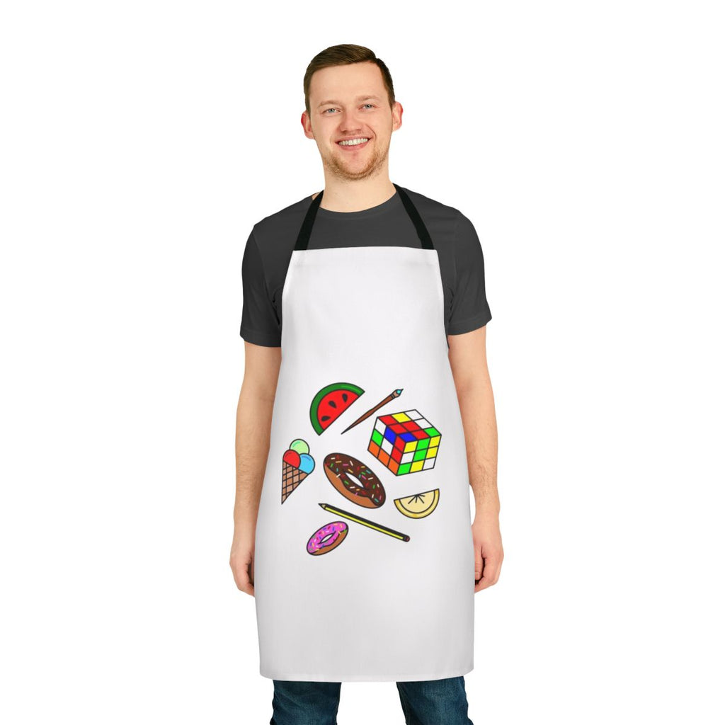 Colorful apron with doodle patterns, food, and hobby icons