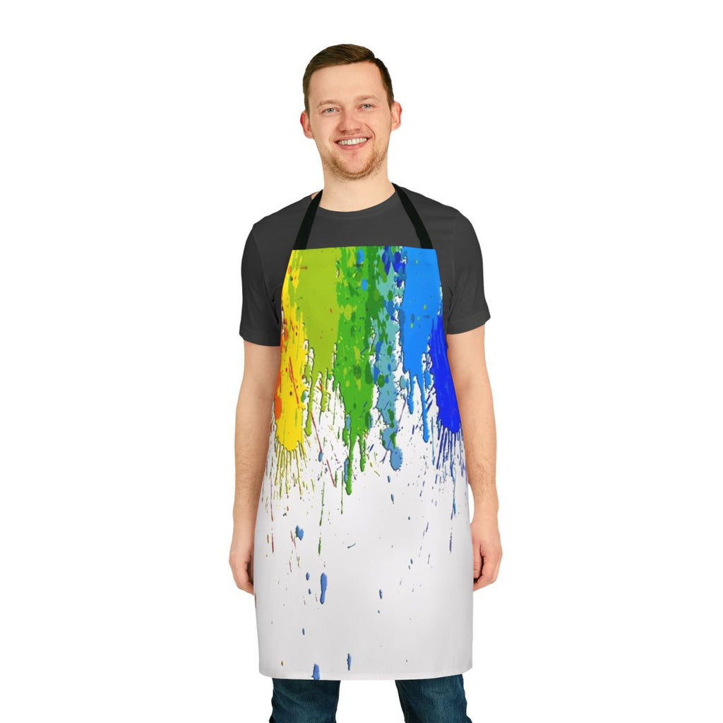 Vibrant watercolor-style splatter and dripping paint pattern on an apron, showcasing a playful and artistic design for animal lovers.