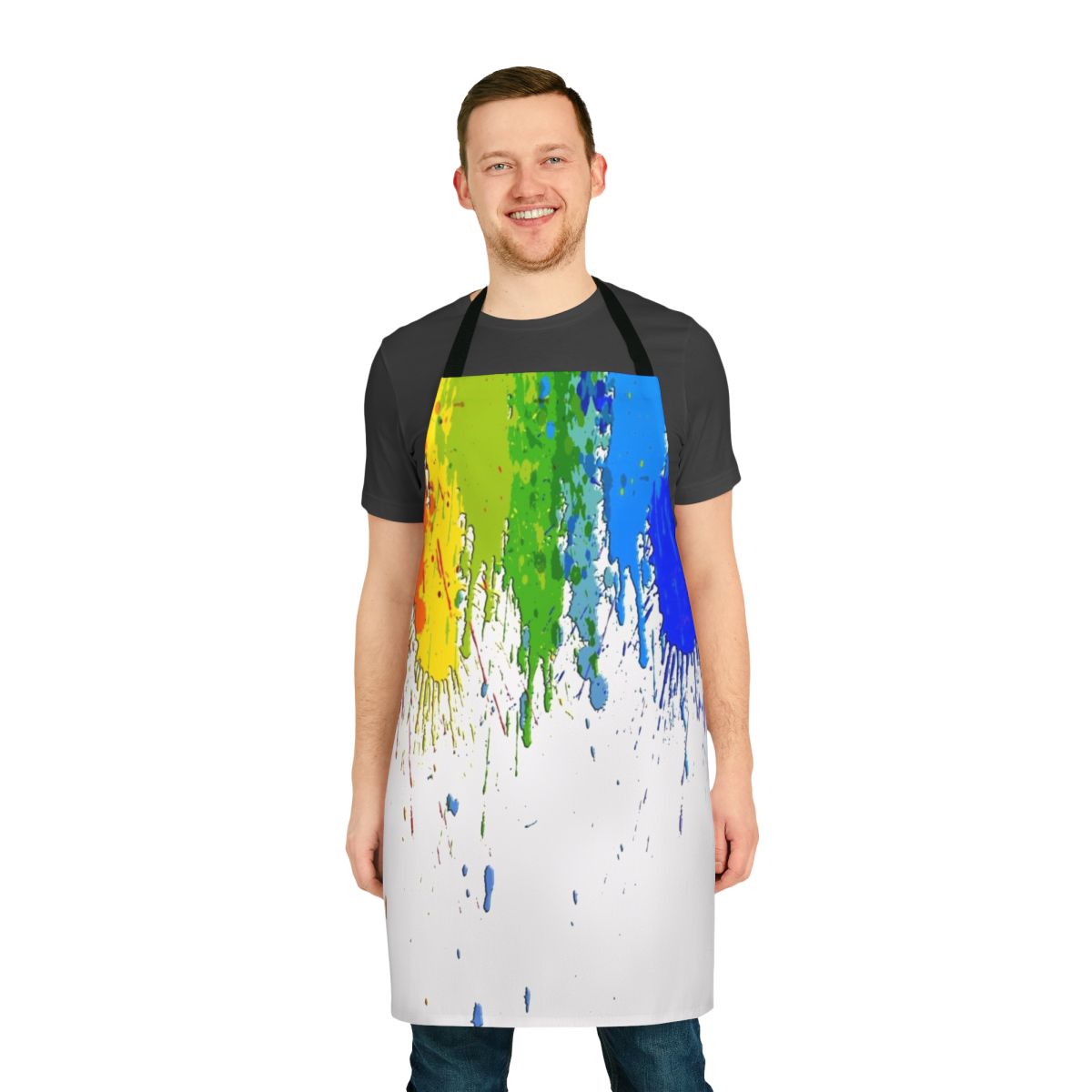 Vibrant watercolor-style splatter and dripping paint pattern on an apron, showcasing a playful and artistic design for animal lovers.