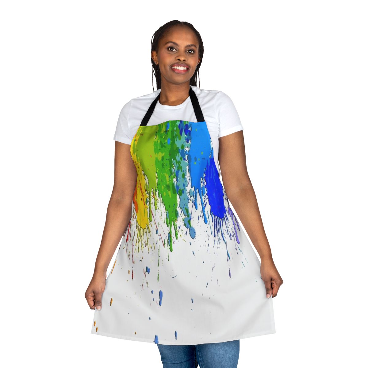 Vibrant watercolor-style splatter and dripping paint pattern on an apron, showcasing a playful and artistic design for animal lovers.