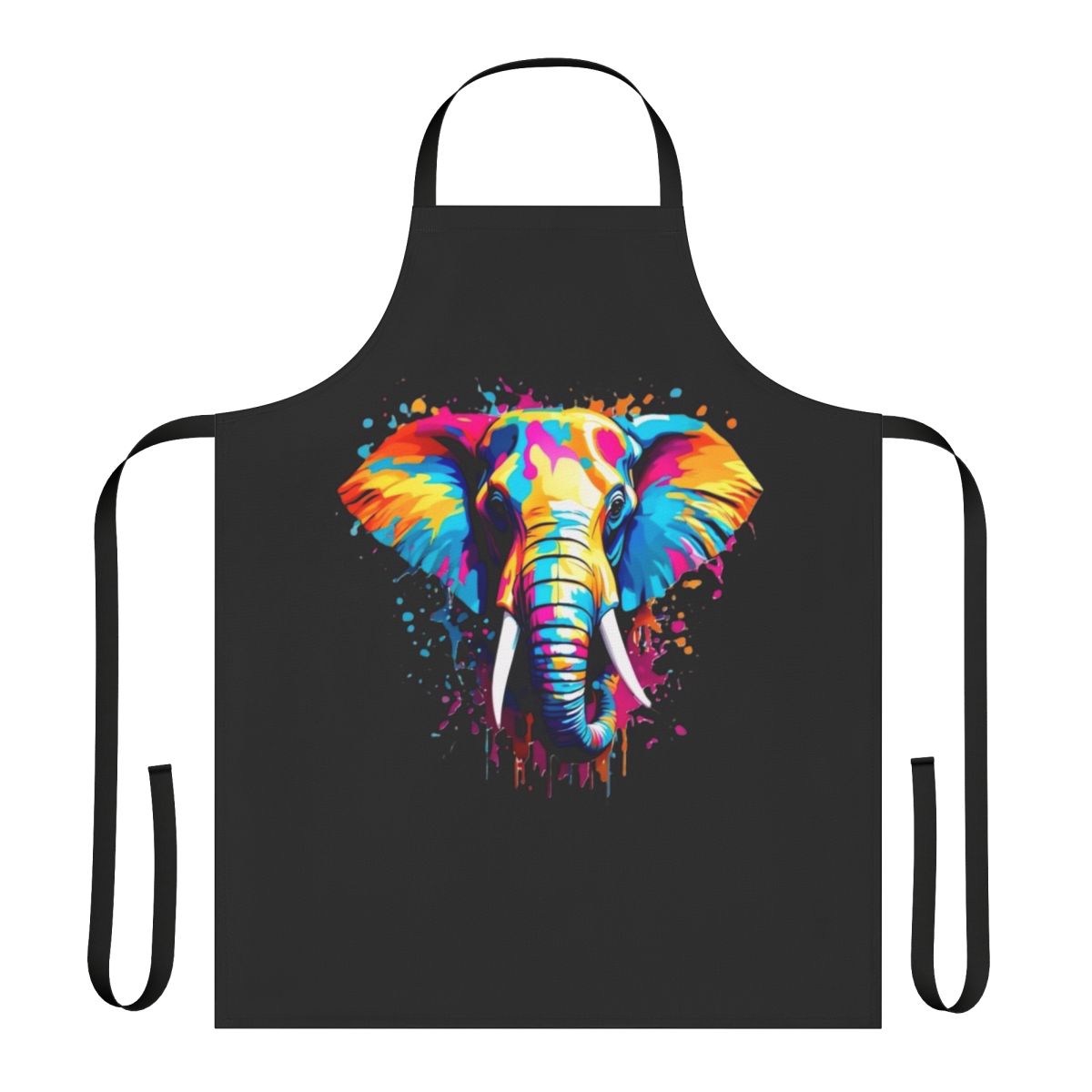 Vibrant and whimsical apron featuring a playful elephant illustration in a variety of bold colors.