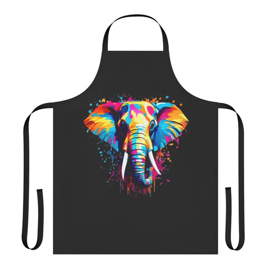 Vibrant and whimsical apron featuring a playful elephant illustration in a variety of bold colors.