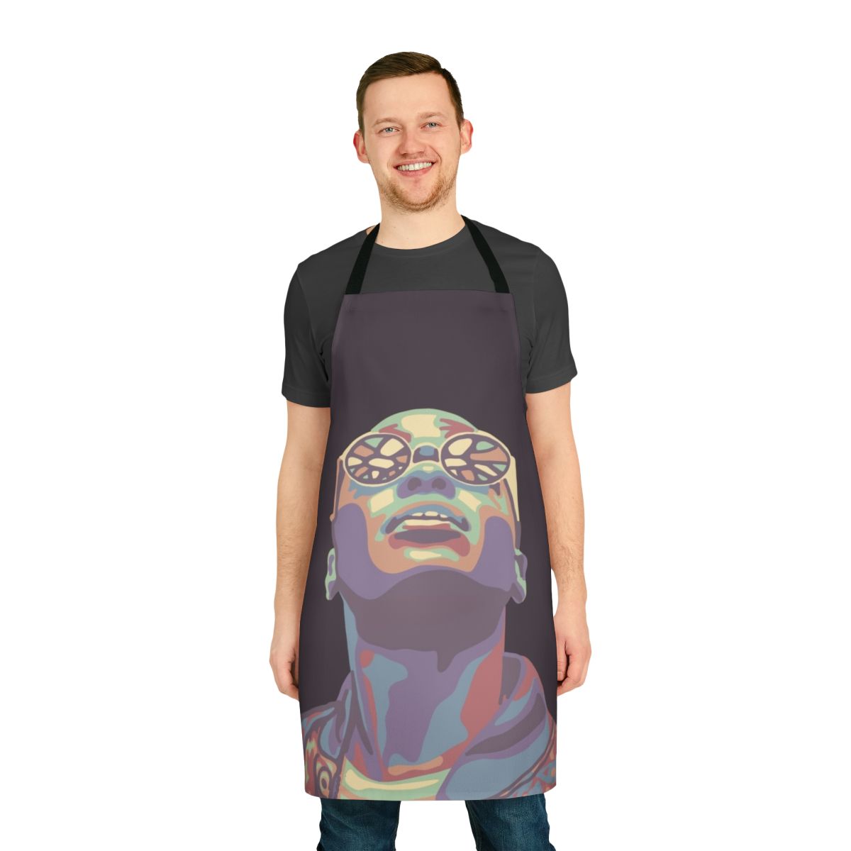 Colorful apron featuring a portrait of the character Eric from the Netflix series Sex Education.