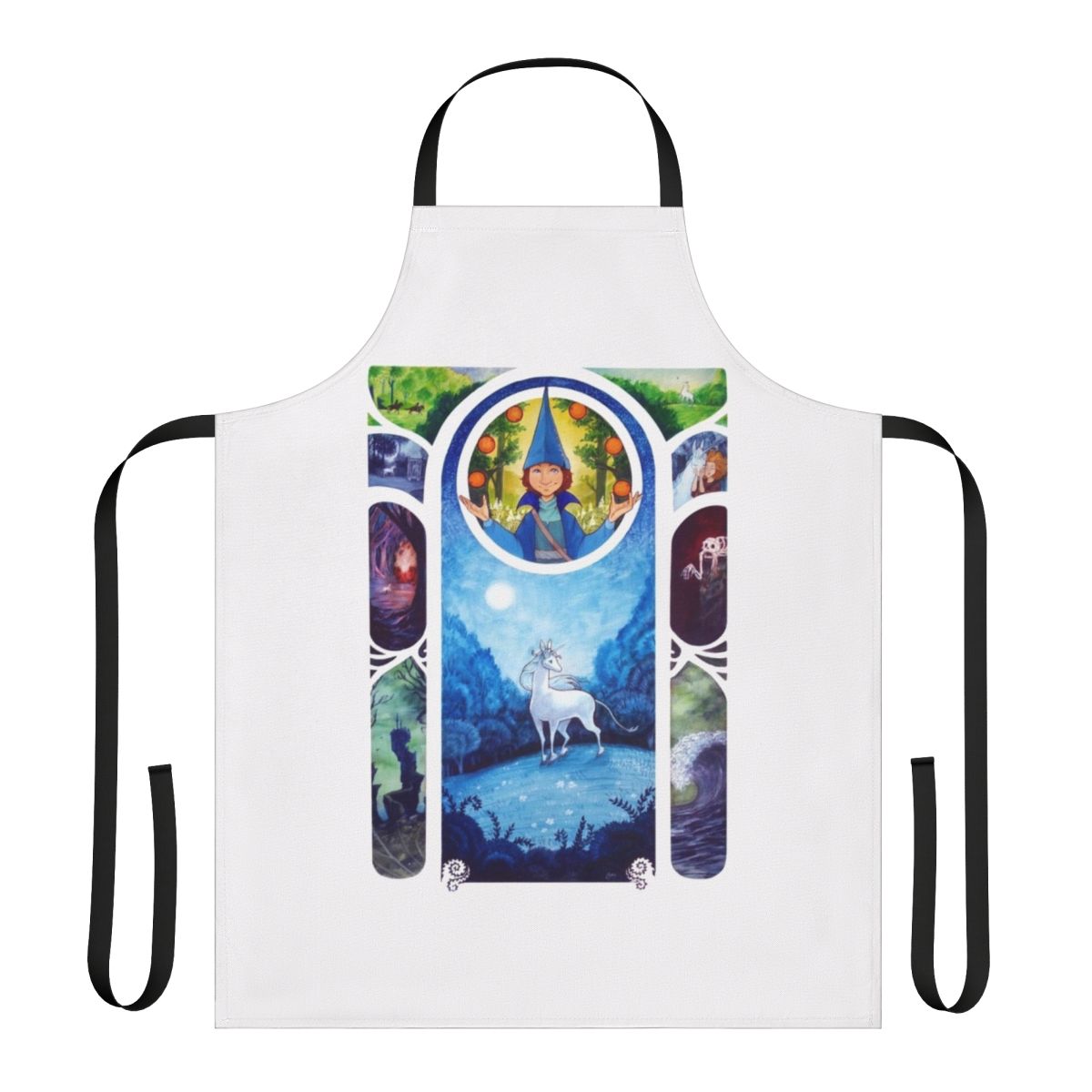 Vibrant watercolor-style apron featuring a magical unicorn in an art nouveau design