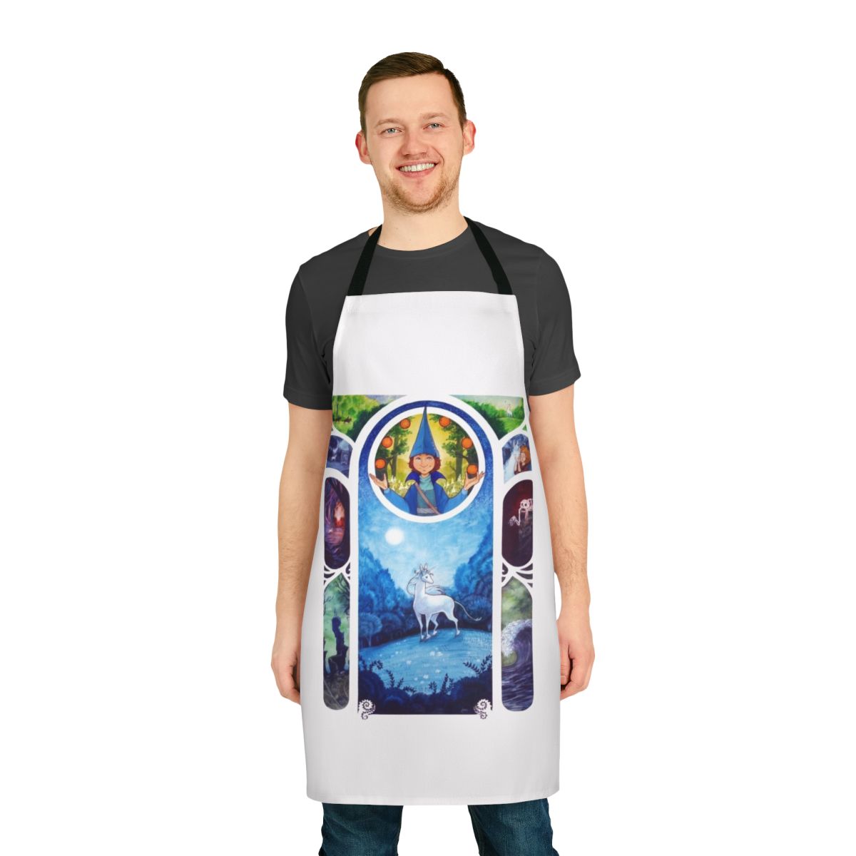 Vibrant watercolor-style apron featuring a magical unicorn in an art nouveau design