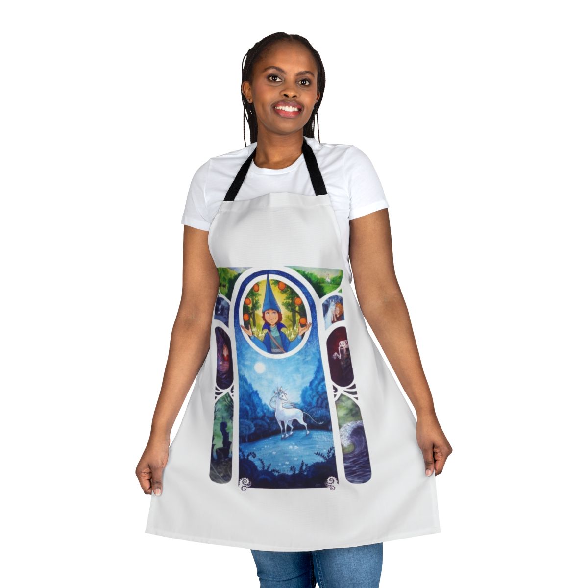 Vibrant watercolor-style apron featuring a magical unicorn in an art nouveau design