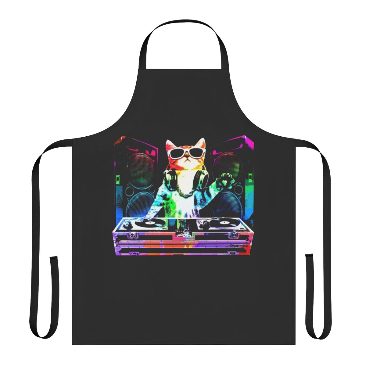 Illustration of a colorful, whimsical cat wearing DJ headphones and playing music