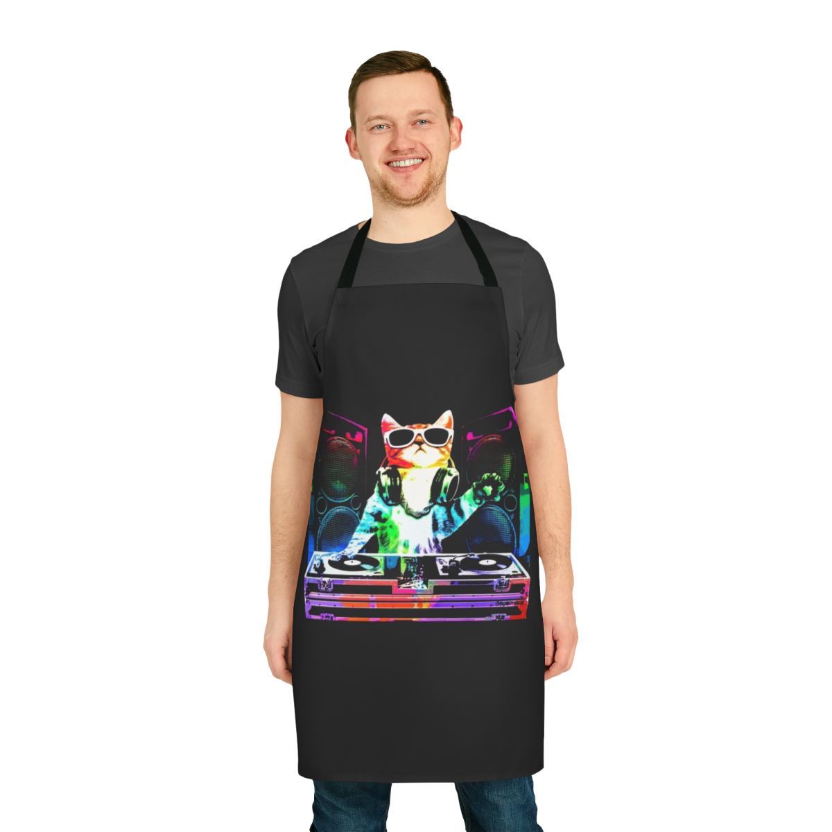 Illustration of a colorful, whimsical cat wearing DJ headphones and playing music