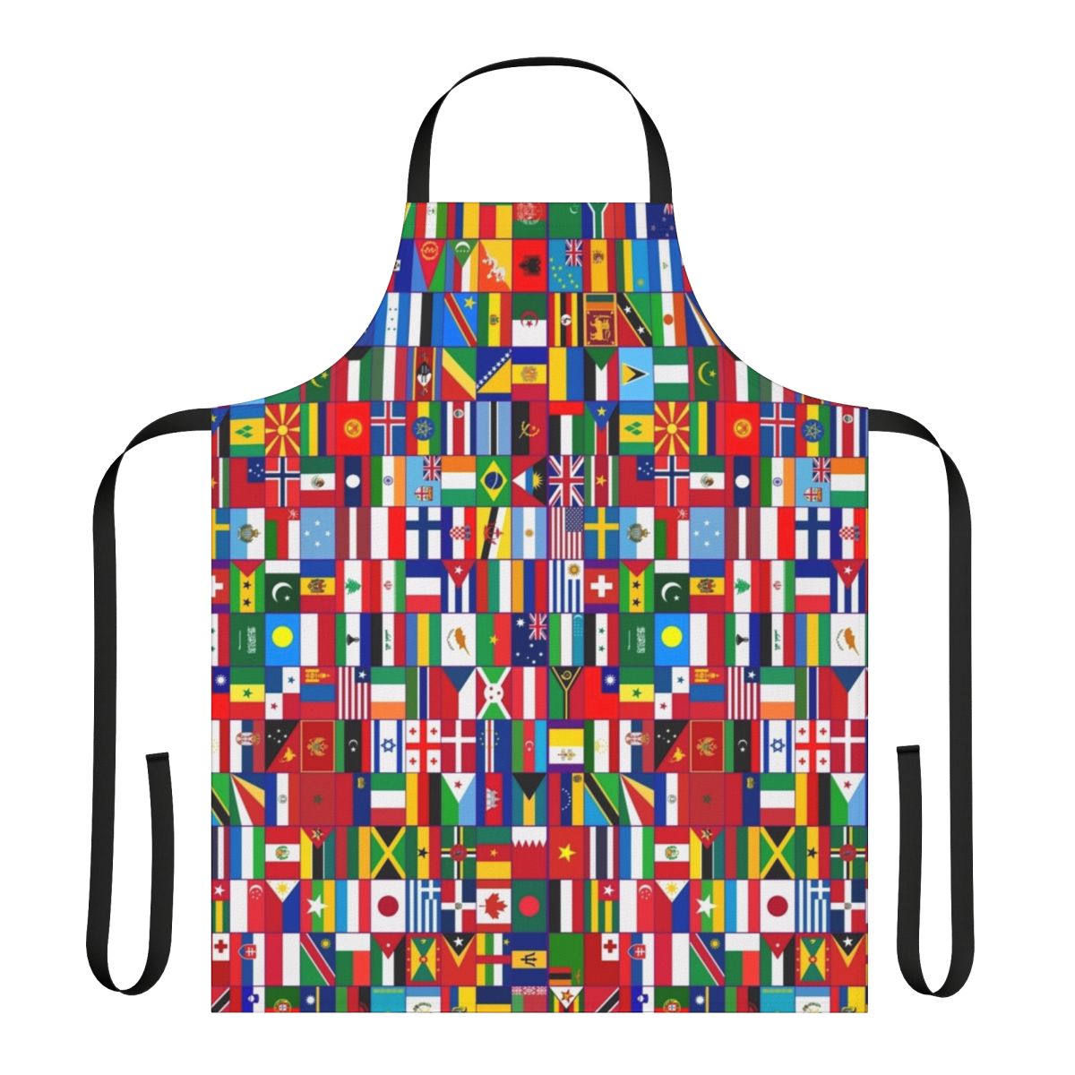 Colorful apron featuring flags from around the world