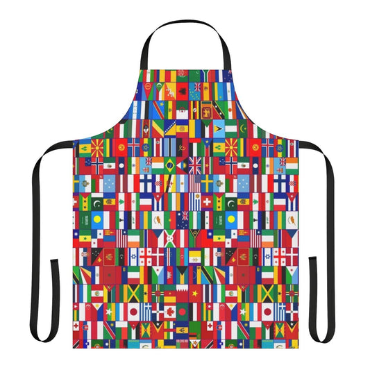 Colorful apron featuring flags from around the world
