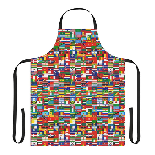 Apron featuring various flags and designs from around the world