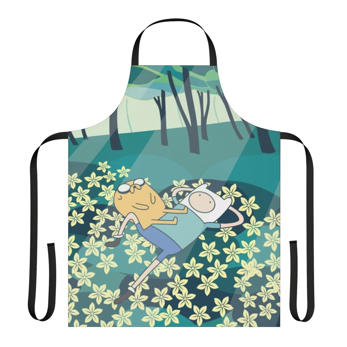 Vibrant floral apron featuring characters from the popular cartoon series Adventure Time