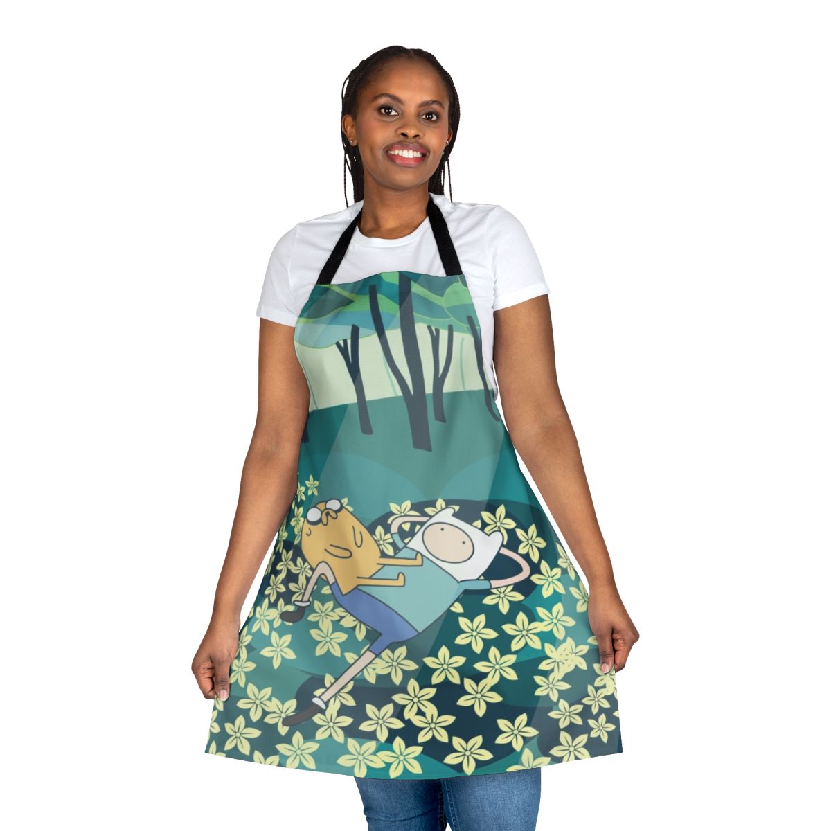 Vibrant floral apron featuring characters from the popular cartoon series Adventure Time