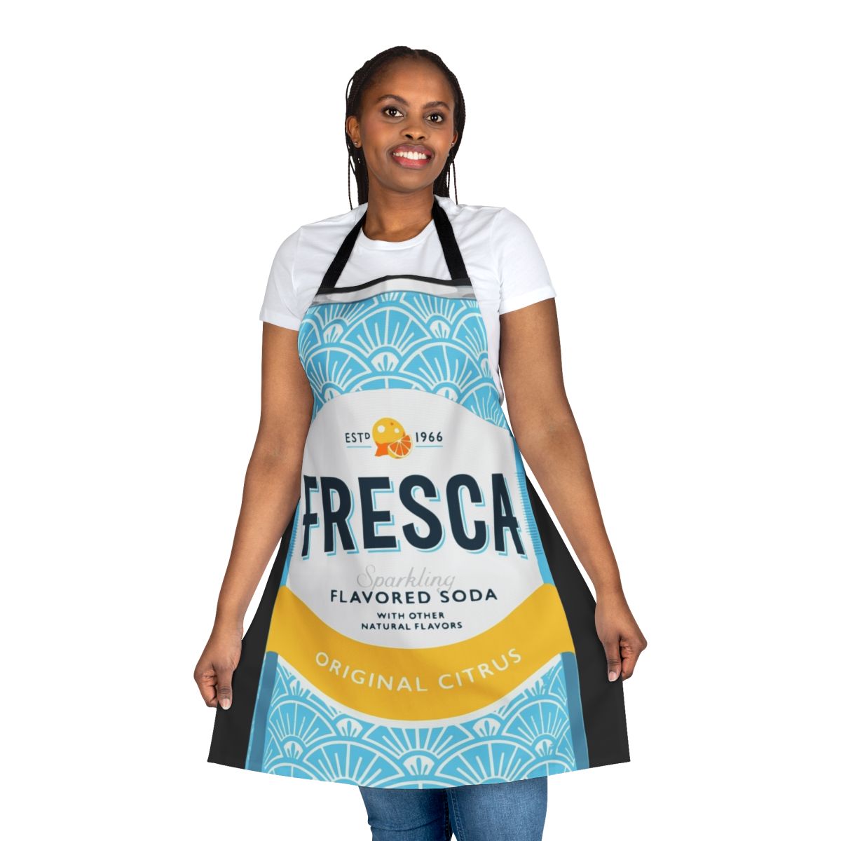 Vibrant pop art style apron featuring the Fresca soda logo and design