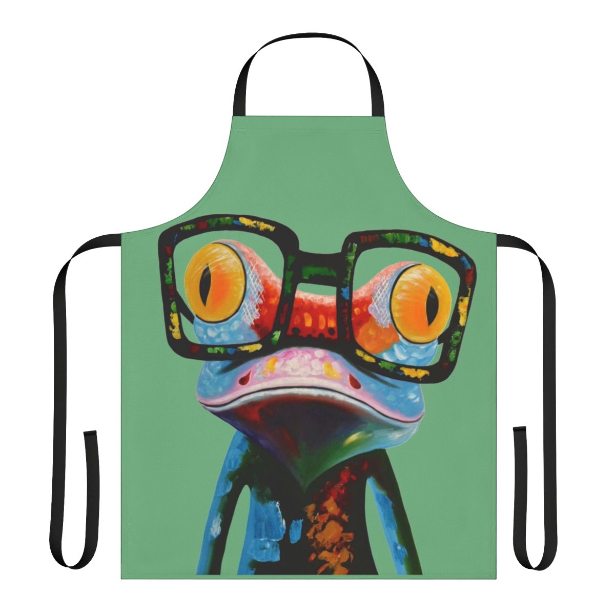 Colorful apron featuring a quirky illustration of a frog wearing nerd glasses
