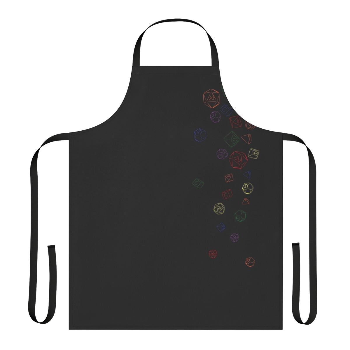 Colorful gaming apron with a cascading rainbow pattern of D20 dice