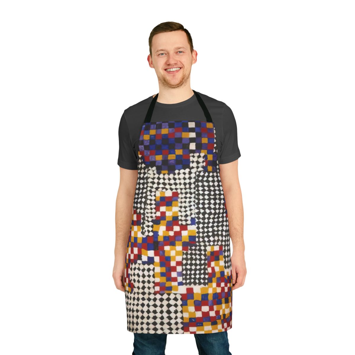 Colorful abstract apron featuring geomantic art reminiscent of Alfred Jensen's paintings